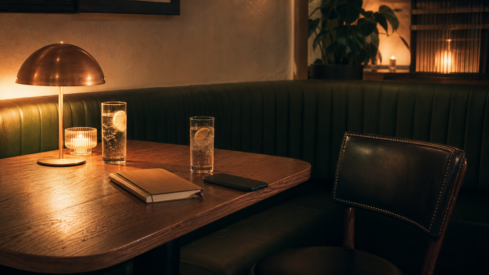 A warm booth table with a saved seat, notebook, phone, and zero-proof sparkling drinks.