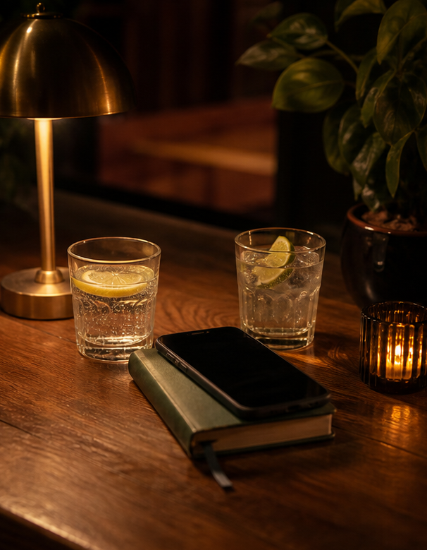 Zero-proof drinks and a phone on a warm bar table.