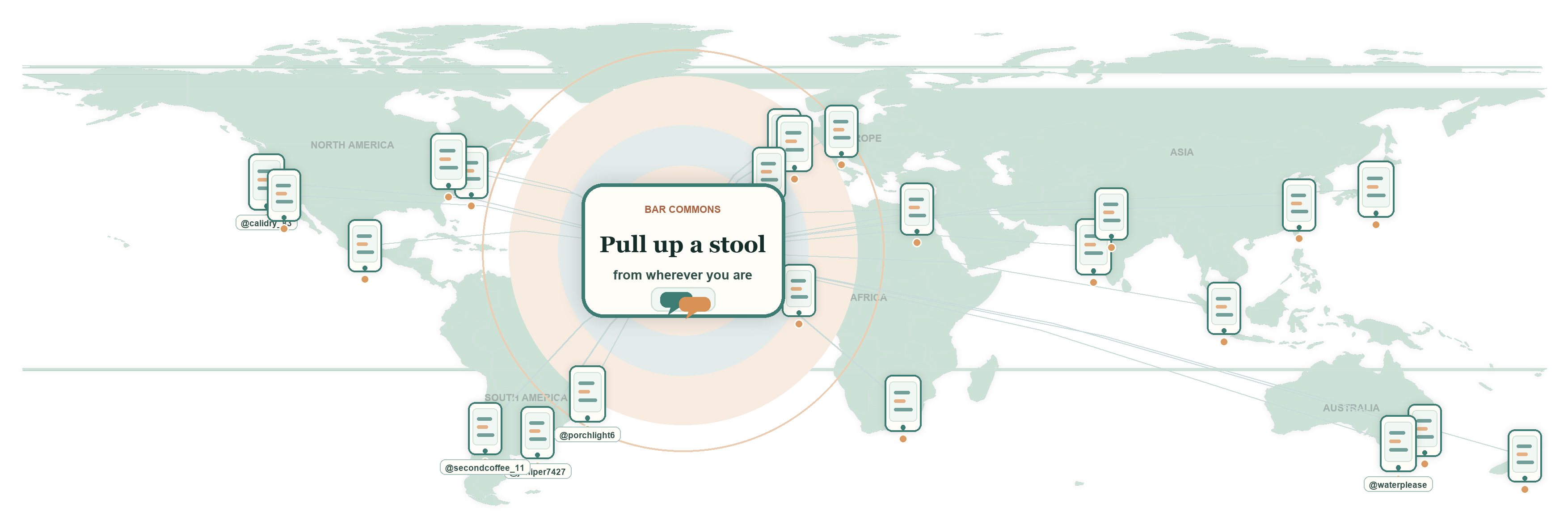 A world map showing phones from different regions connecting into Shared Corners.