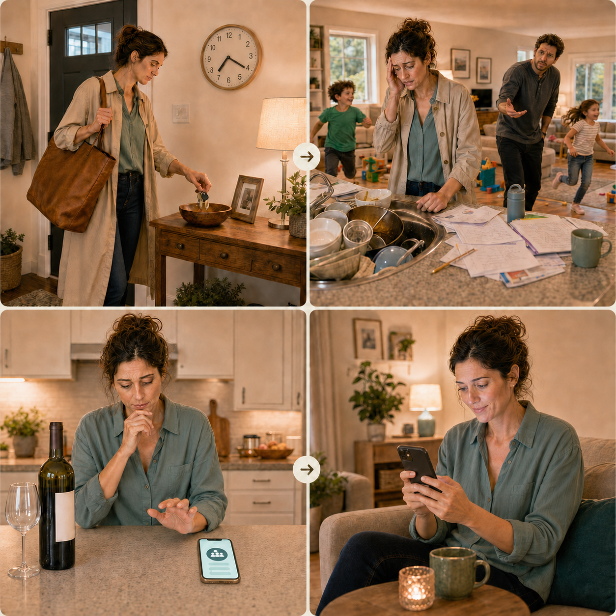 A four-panel story showing someone coming home to household stress, choosing between wine and a phone, then using Shared Corners for peer support.